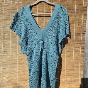 Armand & Alba Teal Crochet Short Sleeve Top Large